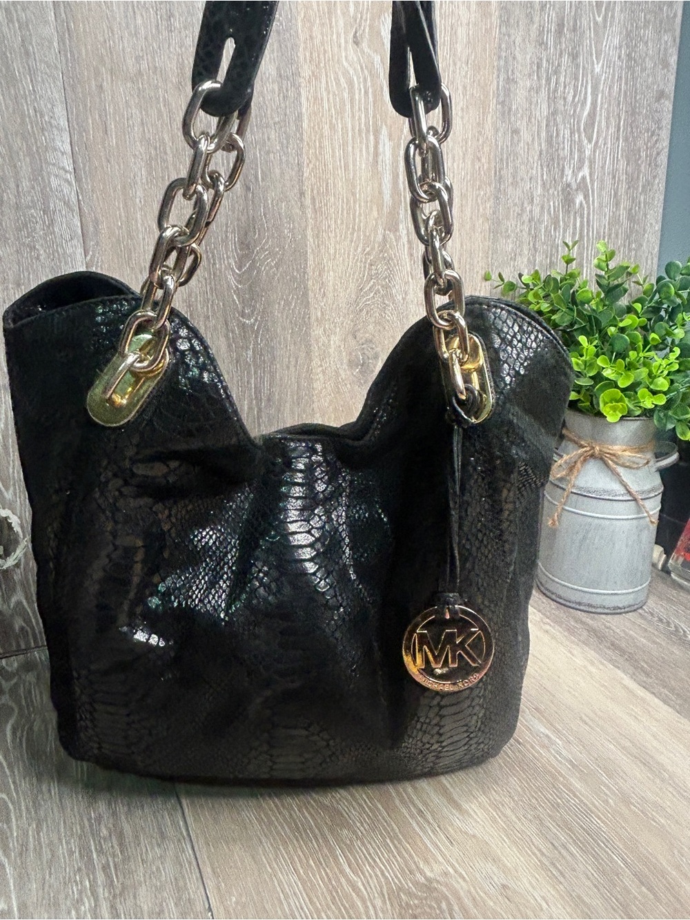 Michael Kors Black Python Embossed Leather Hobo Shoulder Bag Gold Chain